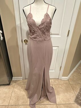 Spaghetti Strap Lace Bodice Evening Gown in Dusty Mauve